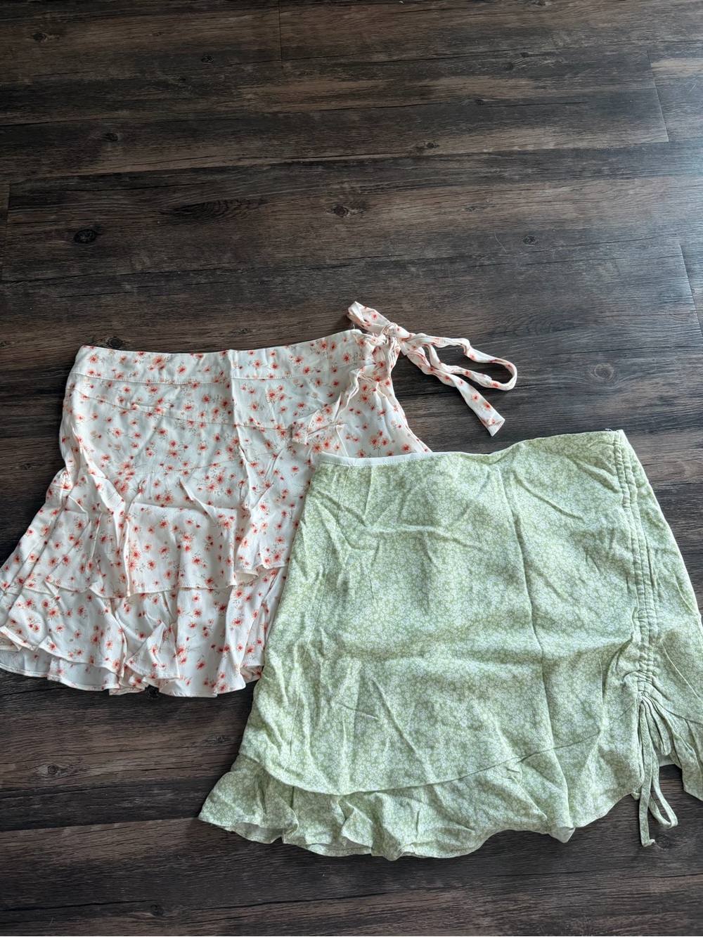 Forever 21 Pink Floral Wrap Skirt & Light Green Ruffle Skirt